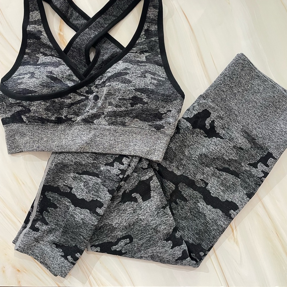 She + Sky Black and Gray Camo Sports Bra Set